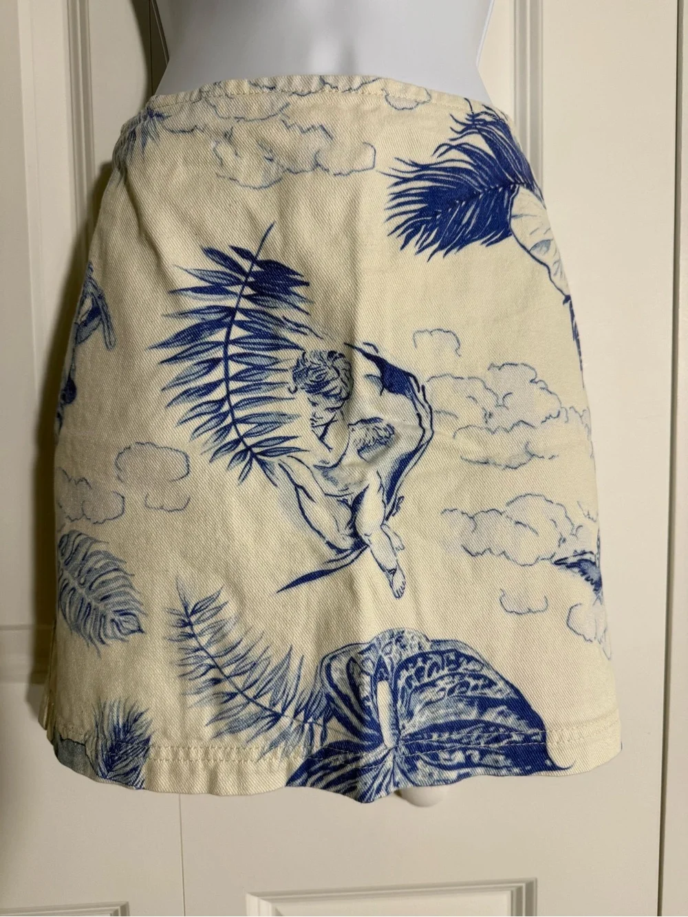 BDG Cream Mini Skirt with Blue Botanical & Cherub Print